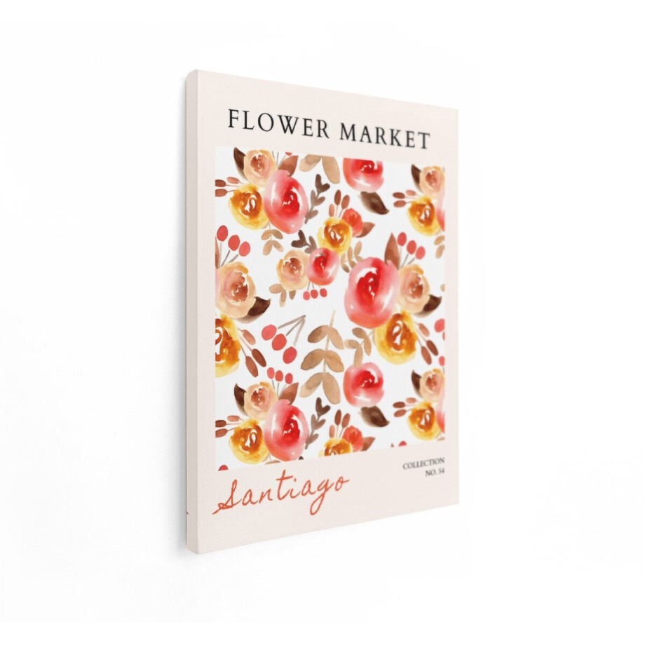 Artaza Canvas Schilderij Bloemenmarkt met Aquarel Bloemenpatroon en de Naam Santiago - 60x80 cm - Wanddecoratie Woonkamer - Schilderijen - Muurdecoratie afbeelding 1