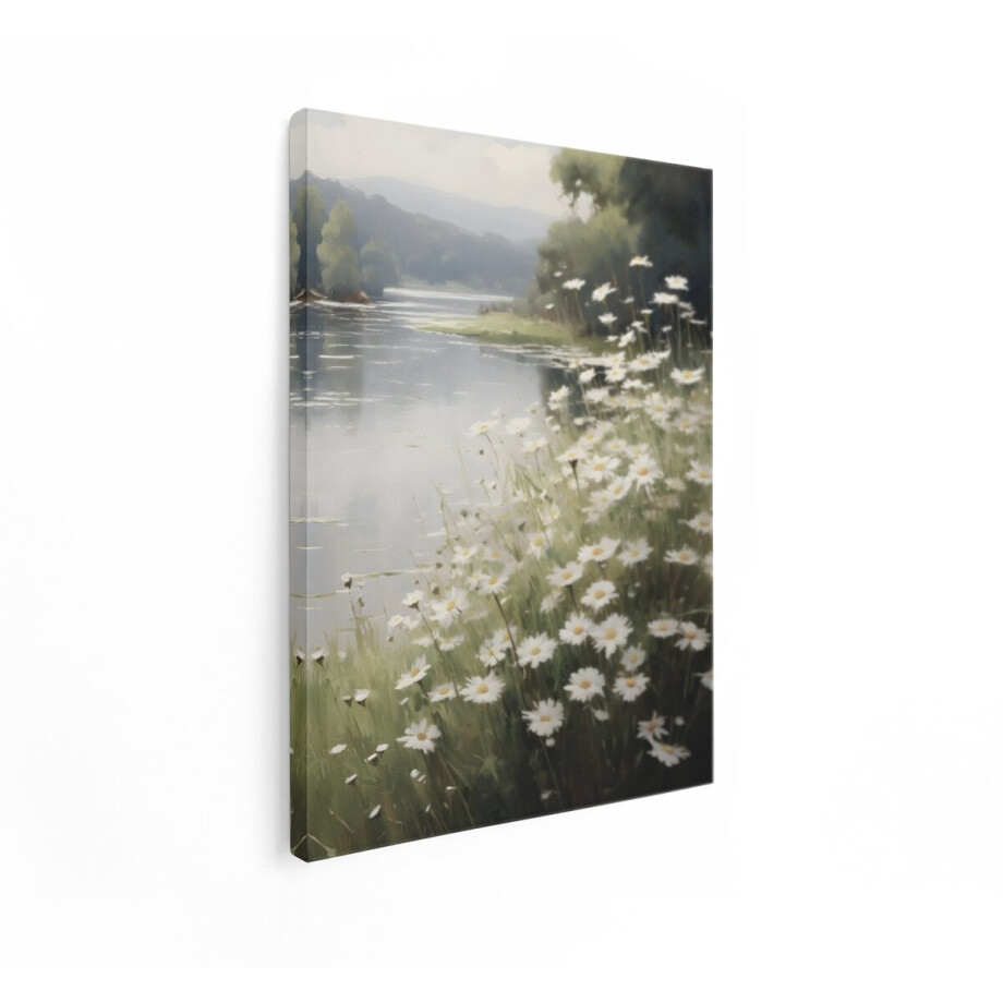 Artaza Canvas Schilderij Margrieten Aan De Rivier - 90x120 cm - Wanddecoratie Bloemen - Muurdecoratie Landschap - Decoratie Natuur afbeelding 1