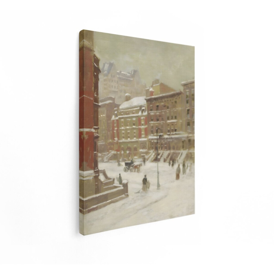 Artaza Canvas Schilderij Schilderij van een Besneeuwde Straat in New York met Paard en Wagen - 60x80 cm - Wanddecoratie Woonkamer - Schilderijen - Muurdecoratie afbeelding 1