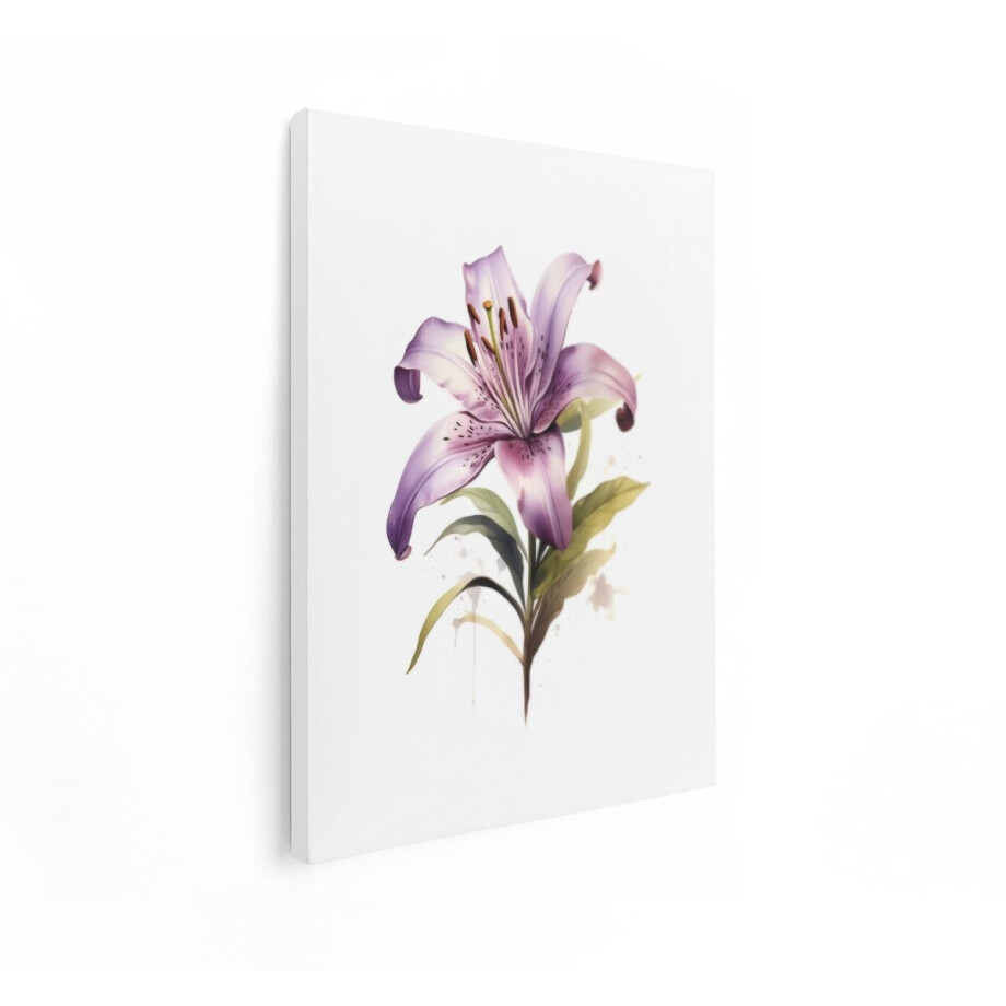 Artaza Canvas Schilderij Fijne Paarse Leliebloem met Groene Bladeren en Aquarelspatten - 60x80 cm - Wanddecoratie Woonkamer - Schilderijen - Muurdecoratie afbeelding 1