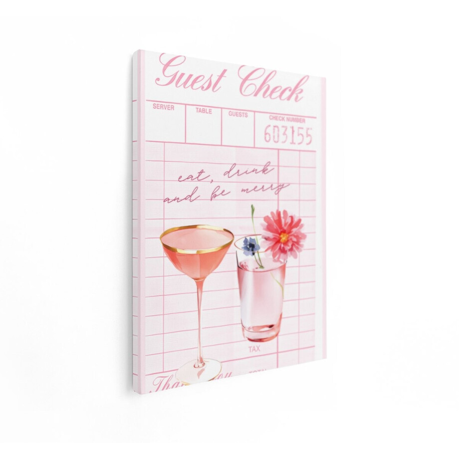 Artaza Canvas Schilderij Gastencheque met Roze Drankjes en Bloemen - een Feestelijke Uitnodiging - 30x40 cm - Klein - Wanddecoratie Woonkamer - Schilderijen - Muurdecoratie afbeelding 1