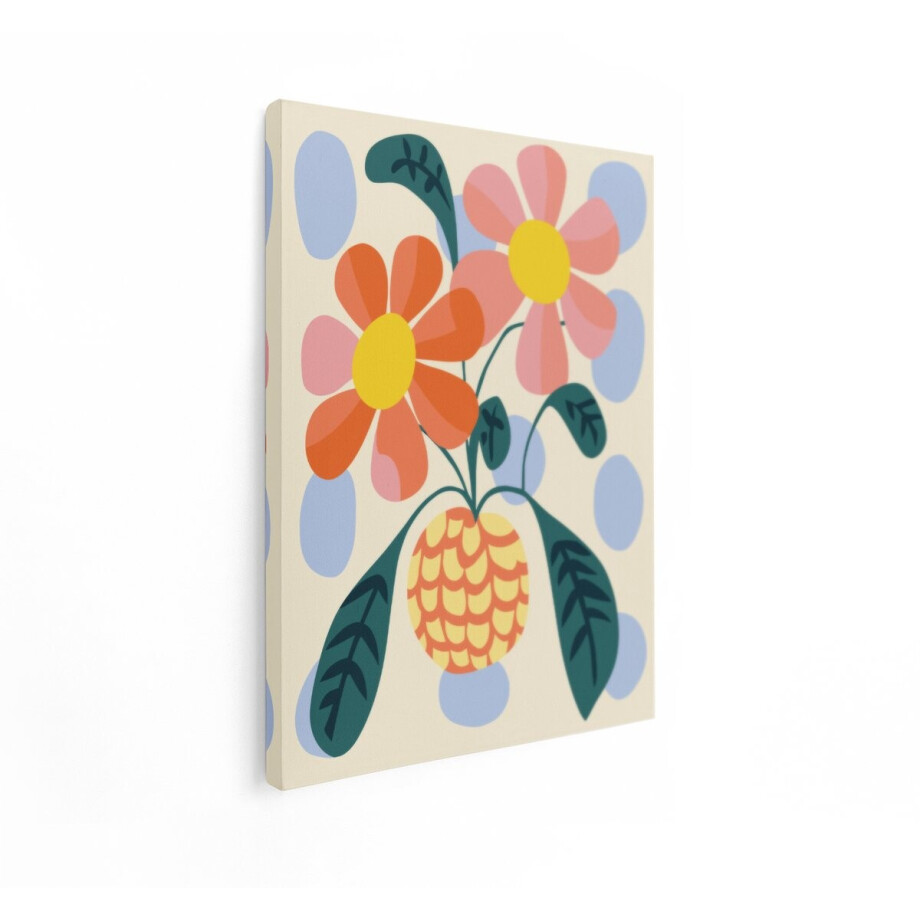 Artaza Canvas Schilderij Vrolijke Bloemen en een Ananas in een Abstracte - Kleurrijke Stijl - 60x80 cm - Wanddecoratie Woonkamer - Schilderijen - Muurdecoratie afbeelding 1