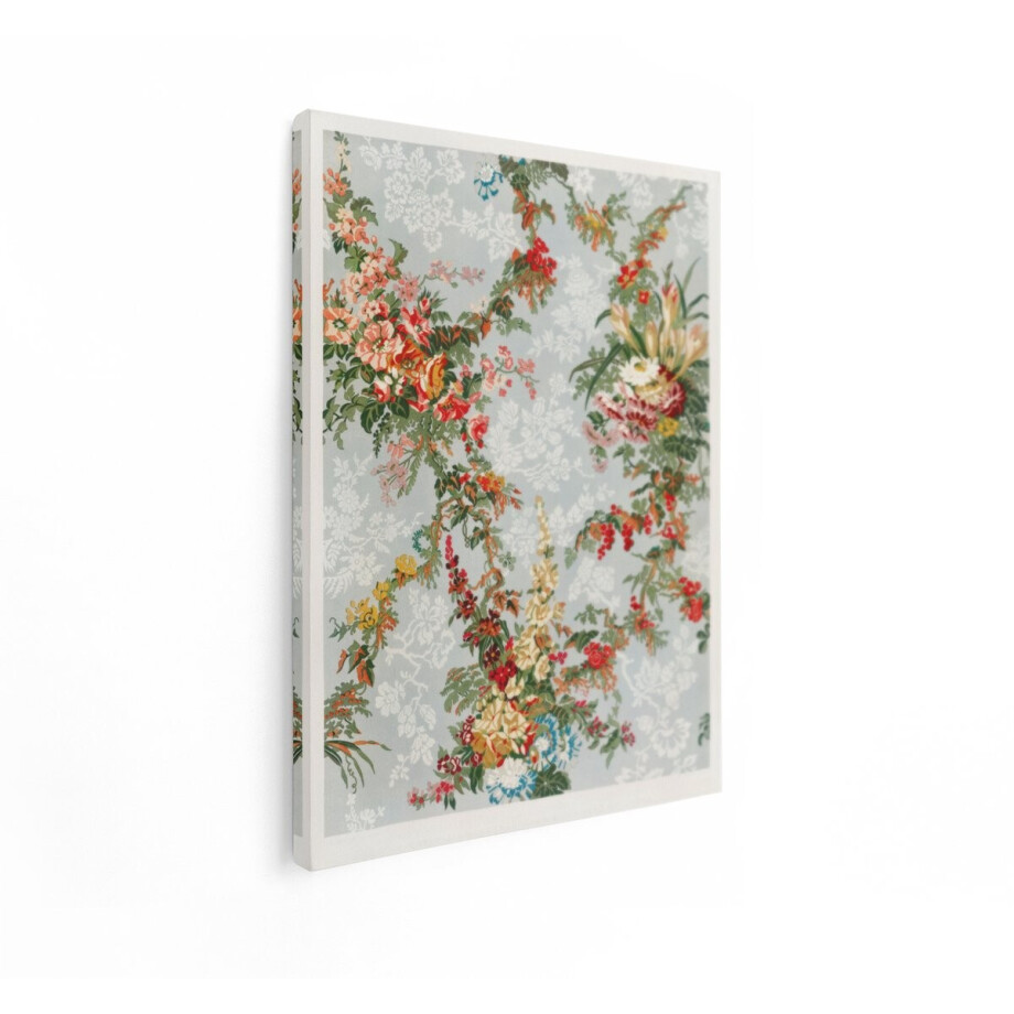 Artaza Canvas Schilderij Klassiek Bloemenbehang met een Lichtblauwe Achtergrond en Levendige Bloemmotieven - 30x40 cm - Klein - Wanddecoratie Woonkamer - Schilderijen - Muurdecoratie afbeelding 1