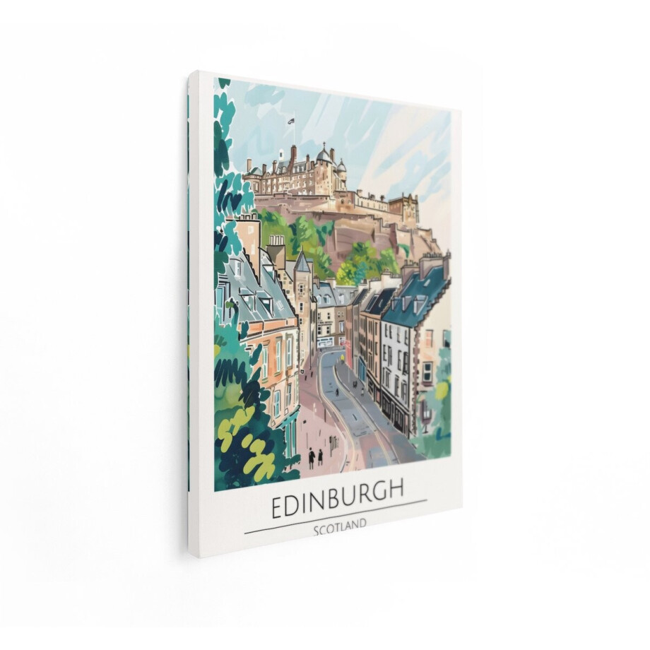 Artaza Canvas Schilderij Illustratie van Edinburgh Castle en de Stad met een Schilderachtige - Artistieke Stijl - 60x80 cm - Wanddecoratie Woonkamer - Schilderijen - Muurdecoratie afbeelding 1