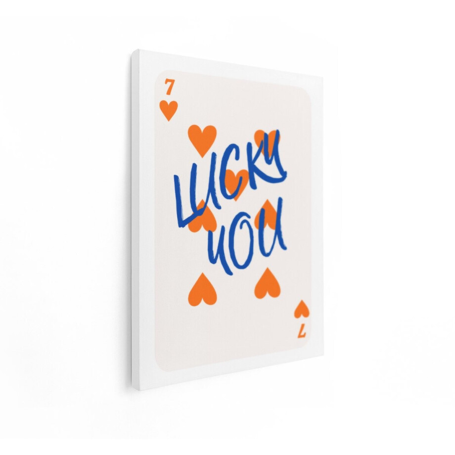 Artaza Canvas Schilderij Speelkaart Lucky You - 60x80 cm - Wanddecoratie Hart - Muurdecoratie Tekst - Decoratie Slaapkamer - Oranje Blauw afbeelding 1