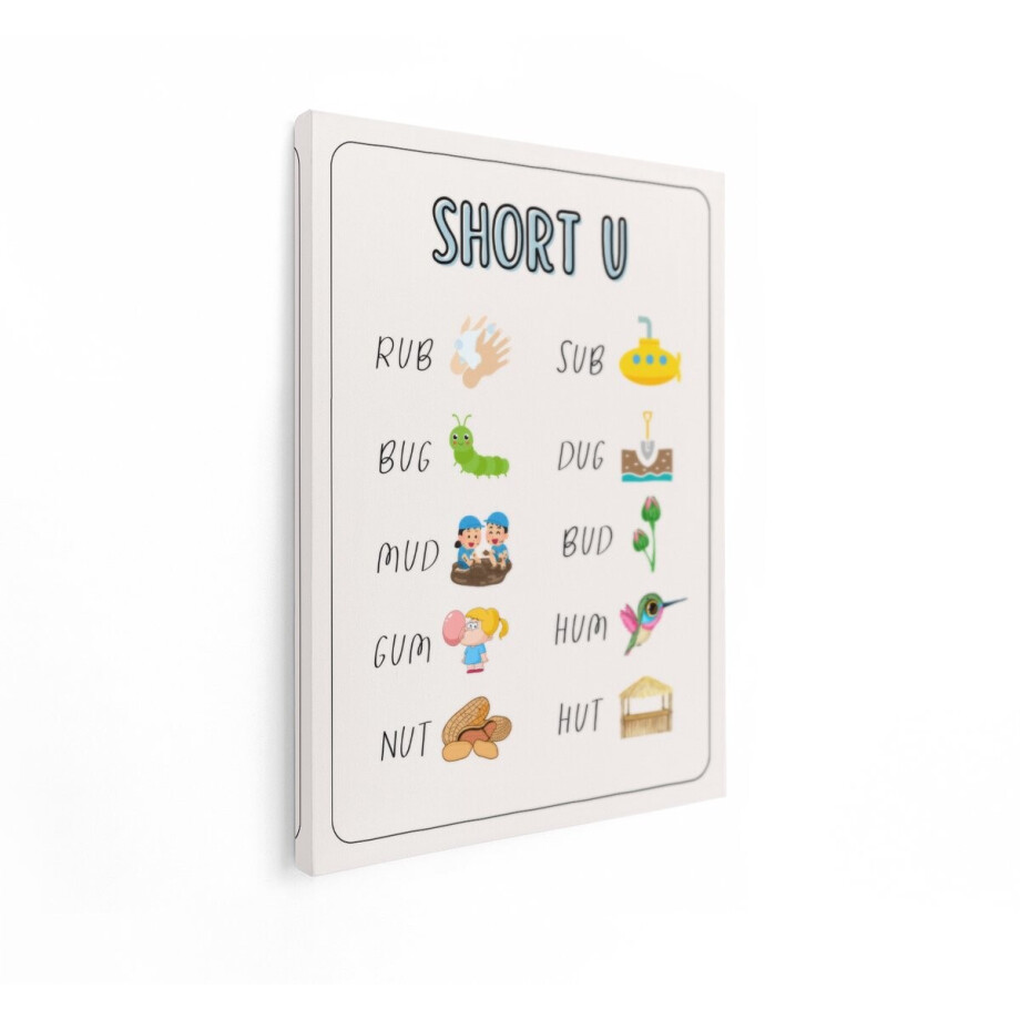 Artaza Canvas Schilderij Leer de Korte 'U' Klank met Woorden en Afbeeldingen voor Kinderen - 30x40 cm - Klein - Wanddecoratie Woonkamer - Schilderijen - Muurdecoratie afbeelding 1