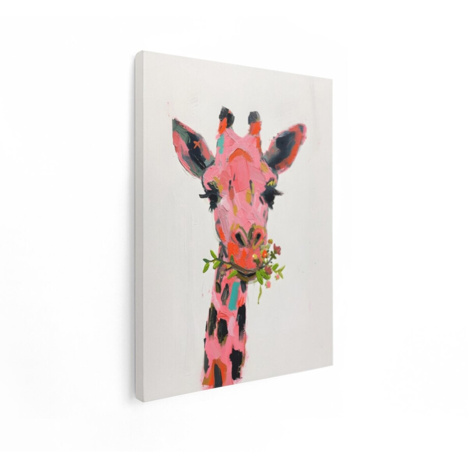 Artaza Canvas Schilderij Abstract Roze Giraf Schilderij met Bloemen in de Mond - 60x80 cm - Wanddecoratie Woonkamer - Schilderijen - Muurdecoratie afbeelding 1