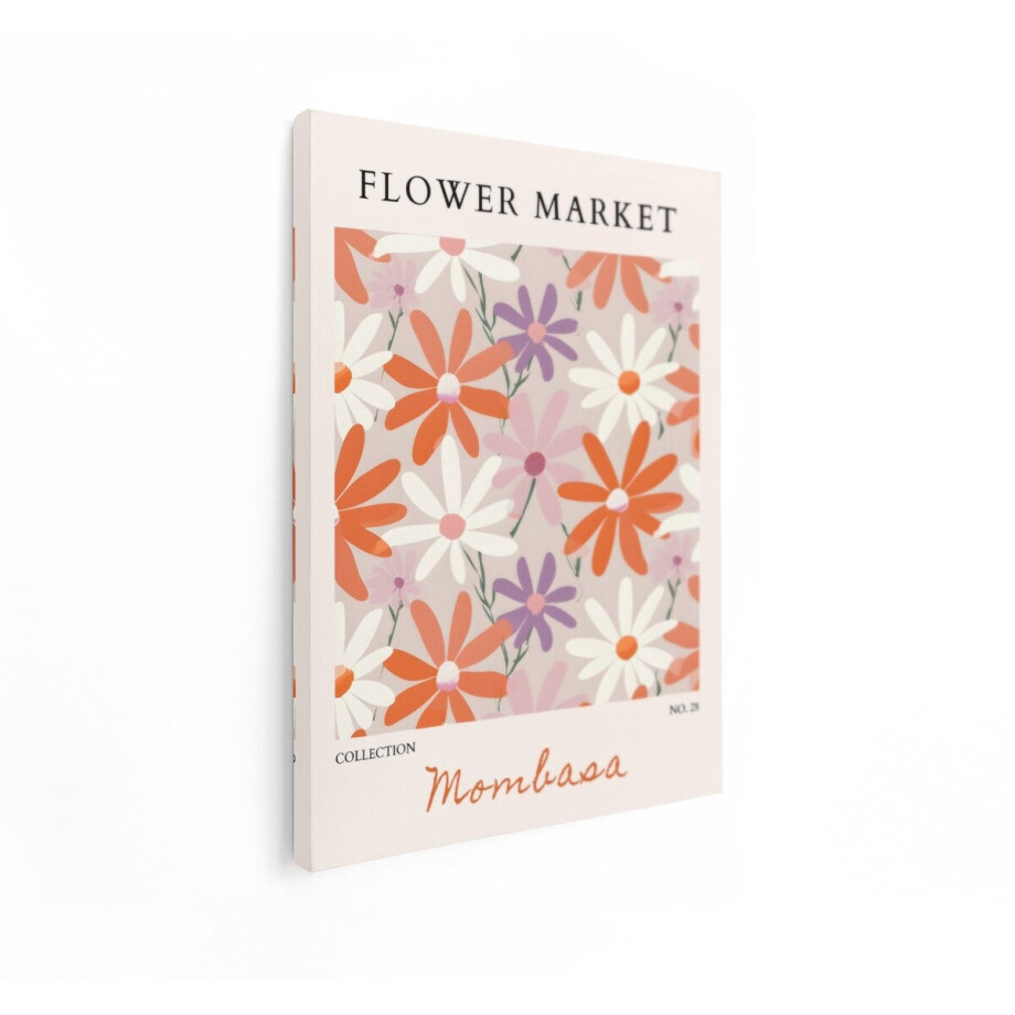 Artaza Canvas Schilderij Bloemenmarkt Poster met Retro Bloemenpatroon in Warme Kleuren - 30x40 cm - Klein - Wanddecoratie Woonkamer - Schilderijen - Muurdecoratie afbeelding 1
