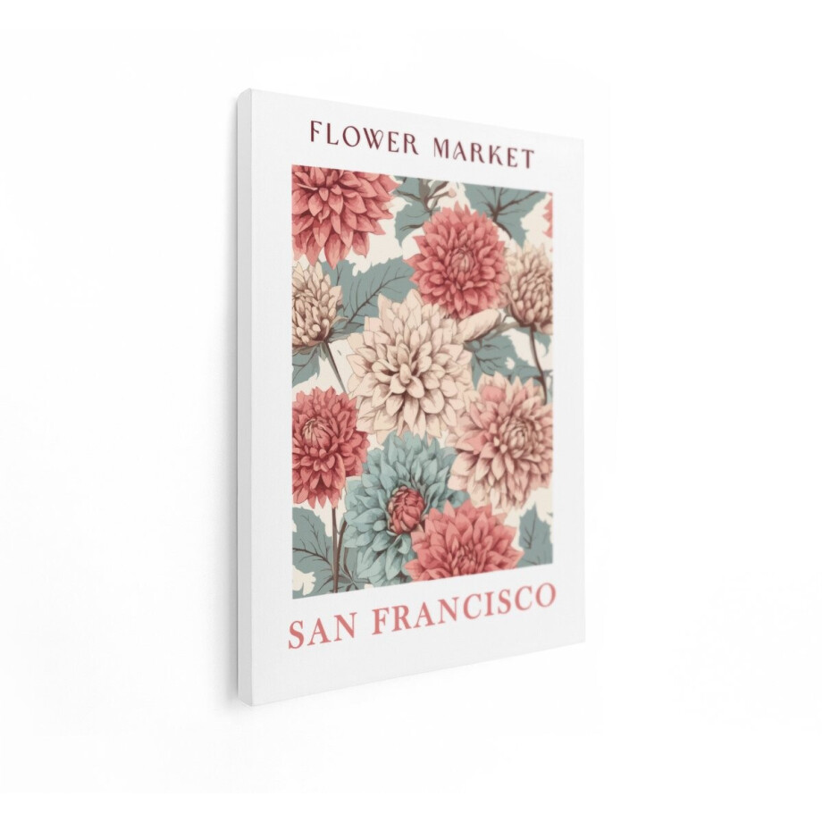 Artaza Canvas Schilderij Bloeiende Dahlia'S in een Vintage Bloemenmarkt Poster Stijl - 90x120 cm - Groot - Wanddecoratie Woonkamer - Schilderijen - Muurdecoratie afbeelding 1