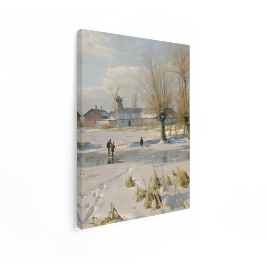 Artaza Canvas Schilderij Kinderen Schaatsen op Bevroren Water bij een Molen in de Winterse Sneeuw - 90x120 cm - Groot - Wanddecoratie Woonkamer - Schilderijen - Muurdecoratie afbeelding 1