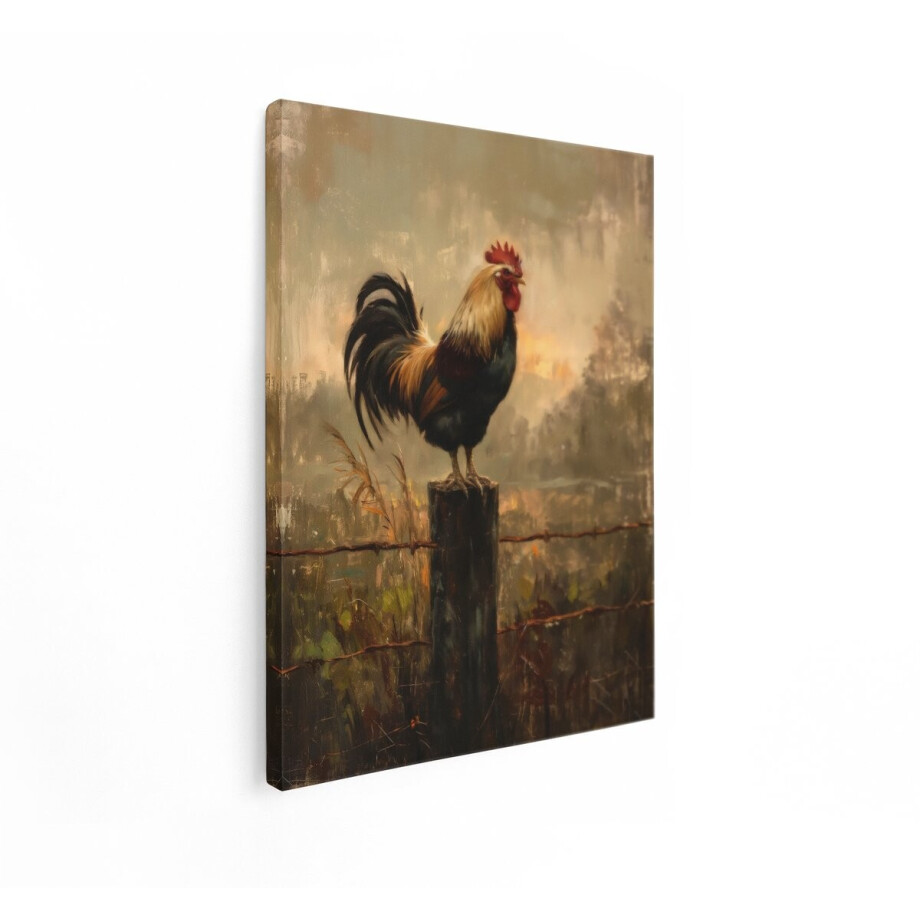 Artaza Canvas Schilderij Mooie Haan Staat op een Paal bij Zonsopgang met een Rustieke Achtergrond - 30x40 cm - Klein - Wanddecoratie Woonkamer - Schilderijen - Muurdecoratie afbeelding 1