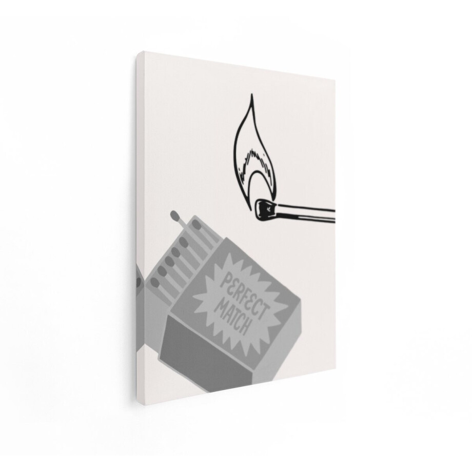 Artaza Canvas Schilderij Een Brandende Lucifer en een Doosje Lucifers met de Tekst Perfect Match - 60x80 cm - Wanddecoratie Woonkamer - Schilderijen - Muurdecoratie afbeelding 1