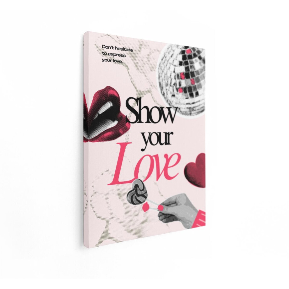 Artaza Canvas Schilderij Show Your Love - 60x80 cm - Wanddecoratie Retro Collage - Muurdecoratie Lippen Hart - Decoratie Roze afbeelding 1