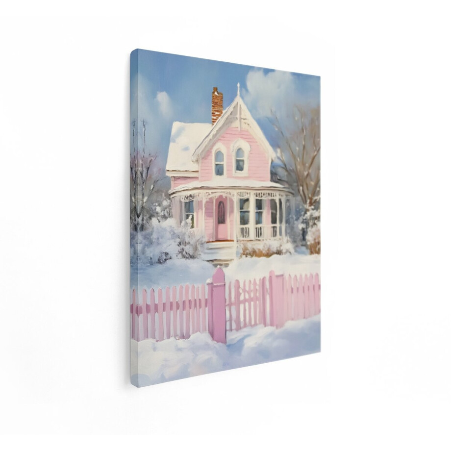 Artaza Canvas Schilderij Roze Huisje - 30x40 cm - Wanddecoratie Winter - Muurdecoratie Retro - Decoratie Sneeuw - Kamer Accessoires afbeelding 1