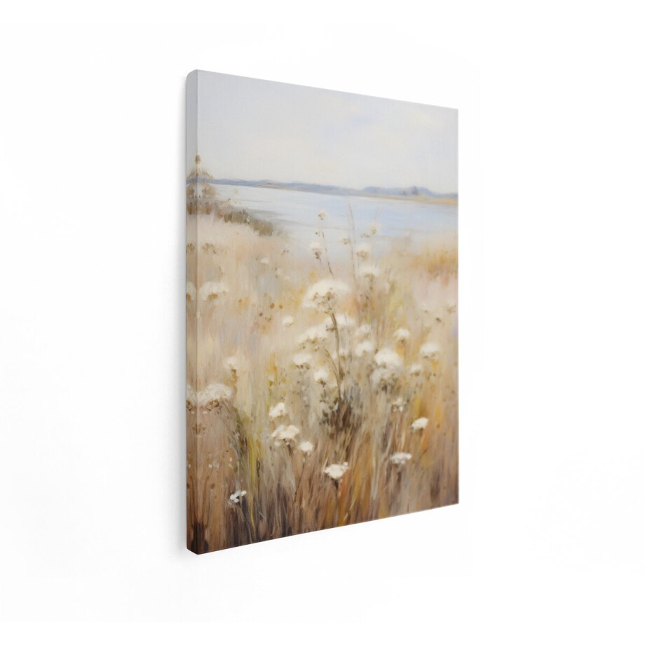 Artaza Canvas Schilderij Zachte Weidebloemen aan de Waterkant met een Serene Achtergrond van Water en Heuvels - 60x80 cm - Wanddecoratie Woonkamer - Schilderijen - Muurdecoratie afbeelding 1