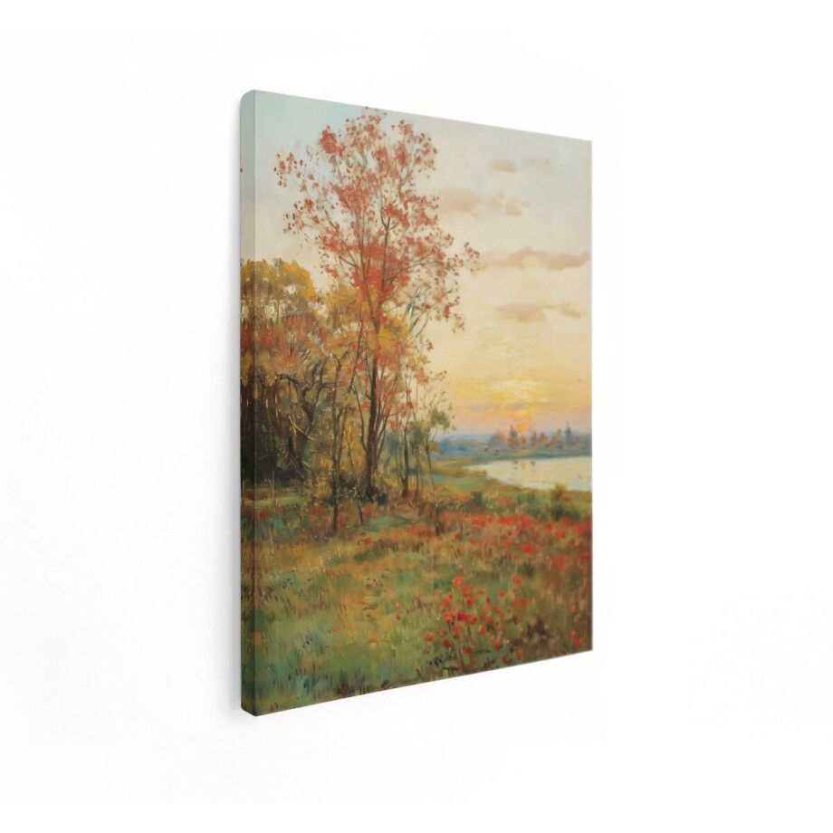 Artaza Canvas Schilderij Klaprozen - 30x40 cm - Wanddecoratie Landschap Rivier - Muurdecoratie Natuur - Decoratie Herfst Zonsondergang afbeelding 1