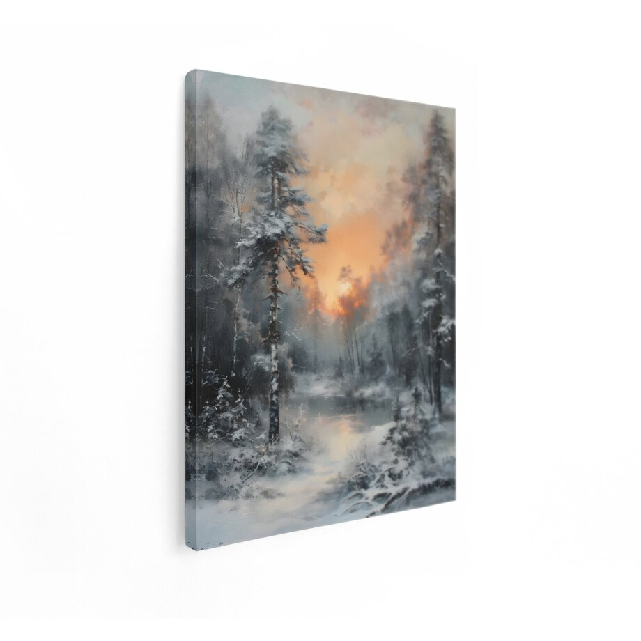Artaza Canvas Schilderij Winter Boslandschap - 60x80 cm - Wanddecoratie Natuur - Muurdecoratie Zonsopgang - Schilderijen Bevroren Meer afbeelding 1