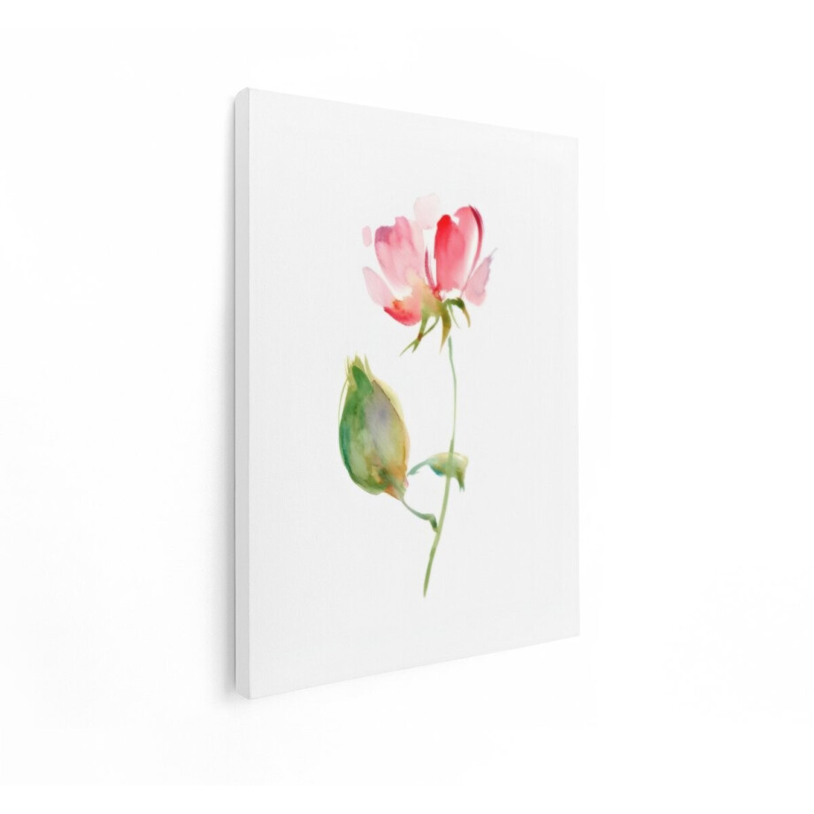 Artaza Canvas Schilderij Delicaat Aquarelschilderij van een Enkele Roze Roos met een Groene Knop op een Witte Achtergrond - 30x40 cm - Klein - Wanddecoratie Woonkamer - Schilderijen - Muurdecoratie afbeelding 1