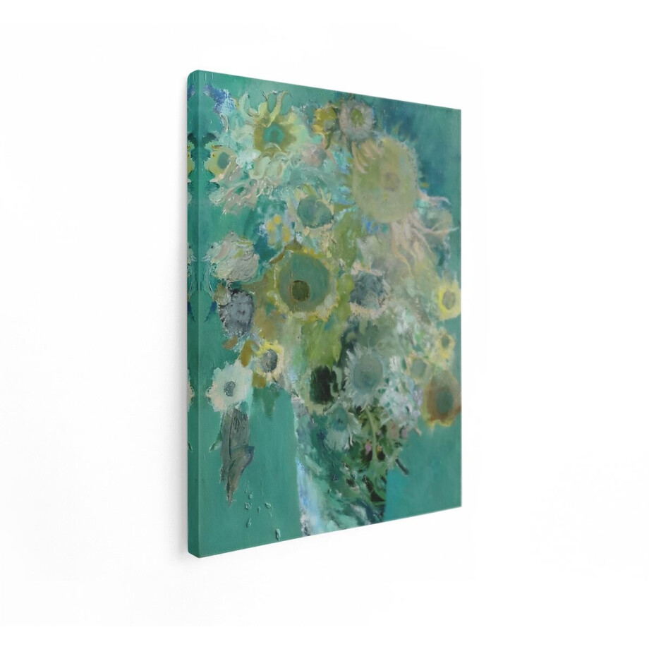 Artaza Canvas Schilderij Impressionistische Schilderij van Zonnebloemen in een Vaas met een Turquoise Achtergrond - 90x120 cm - Groot - Wanddecoratie Woonkamer - Schilderijen - Muurdecoratie afbeelding 1