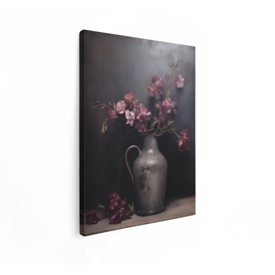 Artaza Canvas Schilderij Bloemen Stilleven - 90x120 cm - Wanddecoratie Roze Bloemen - Muurdecoratie Woonkamer - Decoratie Vaas afbeelding 1