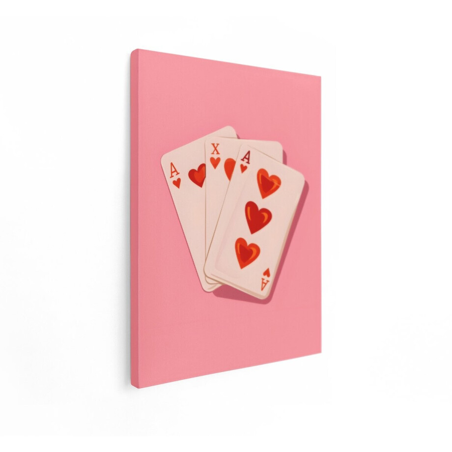 Artaza Canvas Schilderij Drie Kaarten met Harten en Azen op een Roze Achtergrond - 90x120 cm - Groot - Wanddecoratie Woonkamer - Schilderijen - Muurdecoratie afbeelding 1