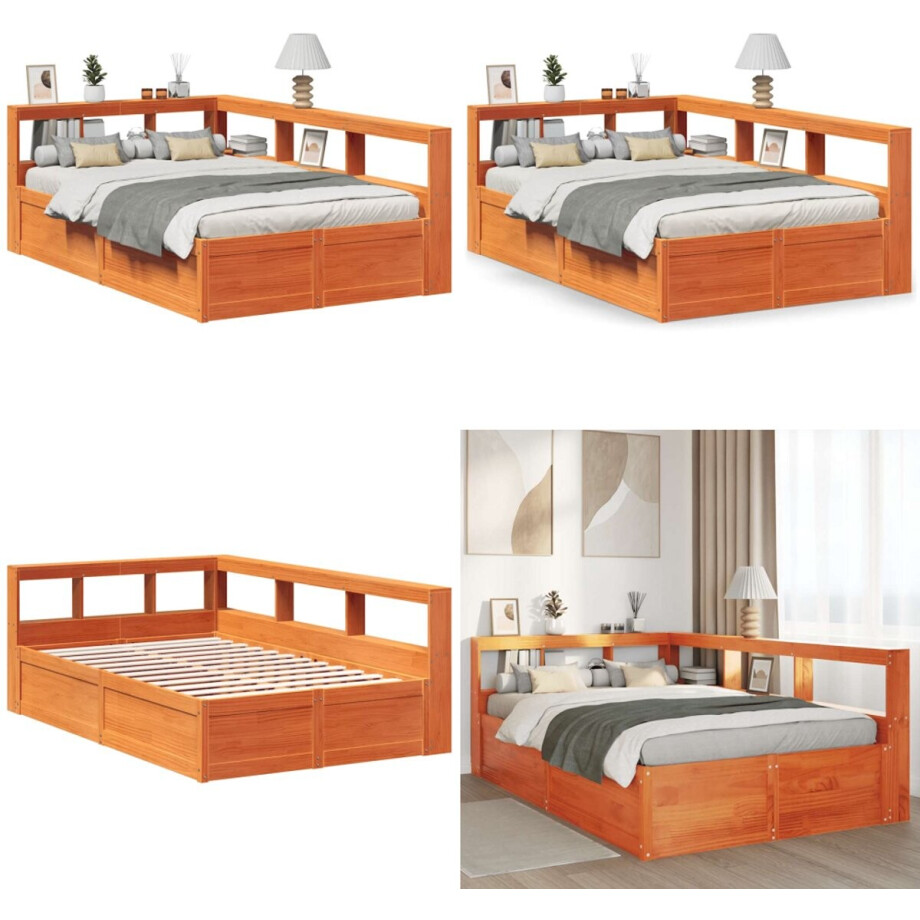 vidaXL Bed met boekenkast zonder matras grenenhout wasbruin 120x190 cm - Boekenkast Bed - Boekenkast Bedden - Bed - Tweepersoonsbed afbeelding 1