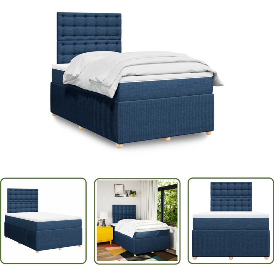 vidaXL Matras - Boxspring - Boxspring met matras stof blauw 120x190 cm - Slaapcomfort - Pocketvering - Hoofdbord afbeelding 1