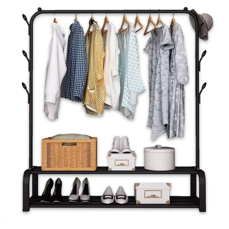 Brixy Kledingrek - Garderoberek - 102x34x152cm - Kledingrek Met Schoenenrek - Industrieel - Metaal - Zwart Brixy Kledingrek - Garderoberek - 102x34x152cm - Kledingrek Met Schoenenrek - Industrieel - Metaal - Zwart afbeelding 1