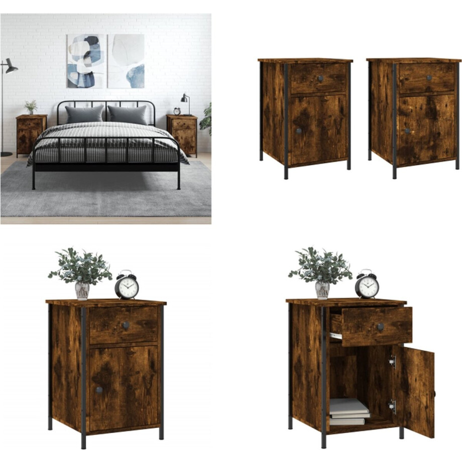 vidaXL Nachtkastjes 2 st 40x42x60 cm bewerkt hout gerookt eikenkleurig - Nachtkastje - Nachtkastjes - Kast - Bijzetkast afbeelding 1