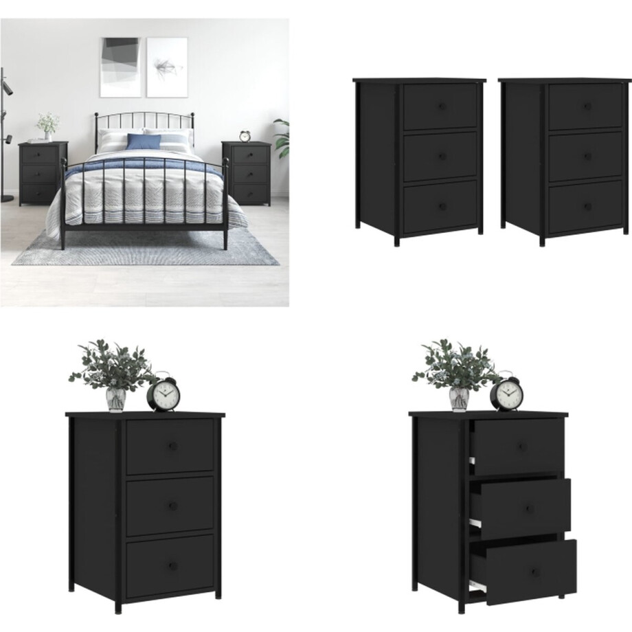 vidaXL - Nachtkastjes - 2 - st - 40x36x60 - cm - bewerkt - hout - zwart afbeelding 1