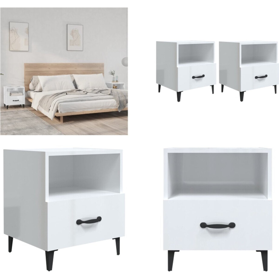 vidaXL - Nachtkastjes - 2 - st - bewerkt - hout - hoogglans - wit afbeelding 1