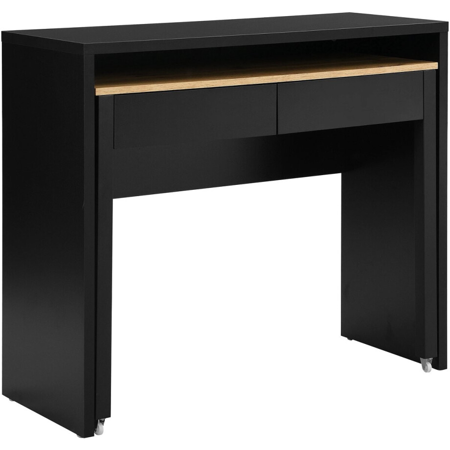 Uitschuifbaar Bureau 100x40x87 cm met 2 Lades – Compact Console Bureau / Sidetable Werkplek met Uittrekbaar Blad, Stalen Poten, Moderne Thuiswerkplek – Zwart & Naturel – Abkantoor afbeelding 1