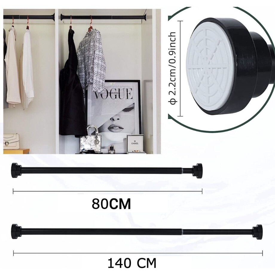iBright Uitschuifbare Verstelbare Kledingroede - Telescopische Garderobestang Verstelbaar Van 80-140 CM - Kledingstang Roede Kast - Zwart afbeelding 1