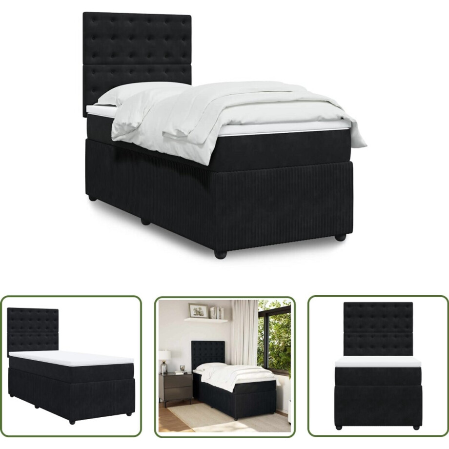 vidaXL Slaapcomfort - Boxspring - Boxspring met matras fluweel zwart 90x200 cm - Fluweel - Pocketvering - Matras afbeelding 1