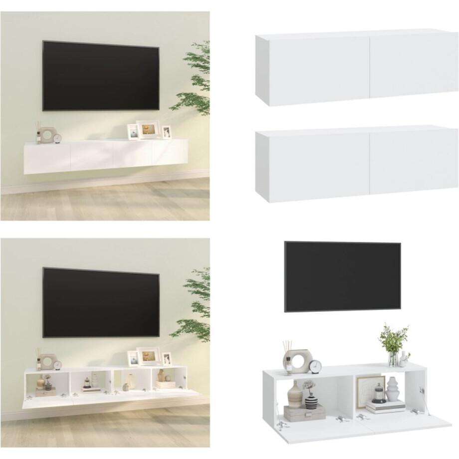 vidaXL Tv-wandmeubels 2 st 100x30x30 cm bewerkt hout wit - Tv-kast - Tv-kasten - Tv-meubel - Tv-meubel Met LED-verlichting vidaXL Tv-wandmeubels 2 st 100x30x30 cm bewerkt hout wit - Tv-kast - Tv-kasten - Tv-meubel - Tv-meubel Met LED-verlichting afbeelding 1