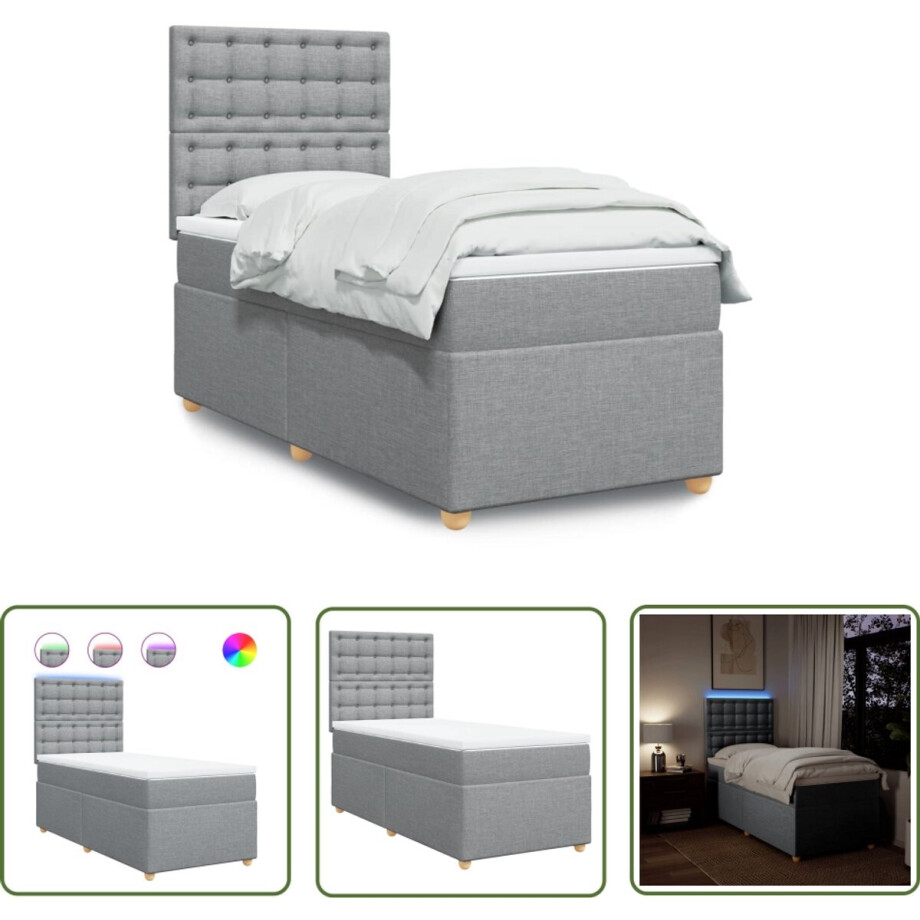 vidaXL Boxspringbed - Boxspring - Boxspring met matras stof lichtgrijs 90x190 cm - Led Lamp - Pocketveringmatras - Stoffen Bed afbeelding 1