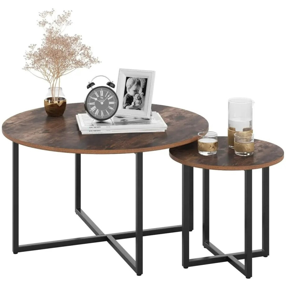 Salontafel Set van 2 - Vintage Bijzettafels - Hout met Metalen Poten - Industrieel Design - Tafel voor Woonkamer - 80 cm & 42 cm afbeelding 1