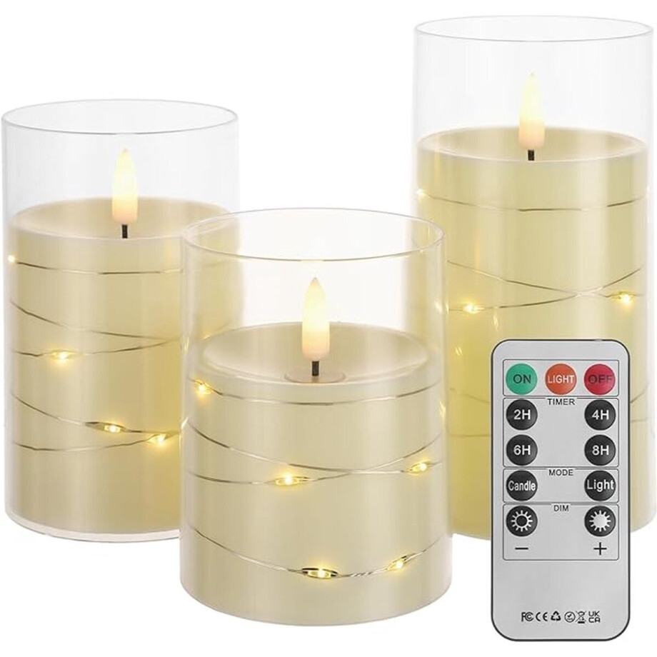 Led kaarsen in glas - Set van 3 - Met LED lichtjes - Fairy lights - Wit - Inclusief afstandbediening afbeelding 1