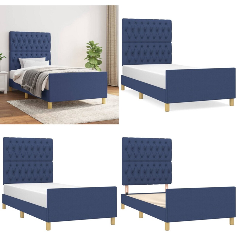 vidaXL Bedframe zonder matras 90x200 cm stof blauw - Bedframe Met Hoofdeinde - Bedframes Met Hoofdeindes - Bed - Slaapmeubel afbeelding 1
