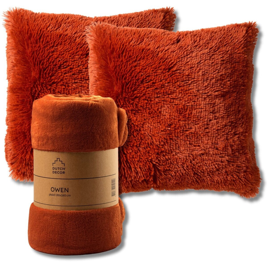 Dutch Decor - VOORDEELSET - 3-delig - Fluffy & Owen - 2 sierkussens 45x45 cm - 1 plaid 130x160 cm - oranje afbeelding 1