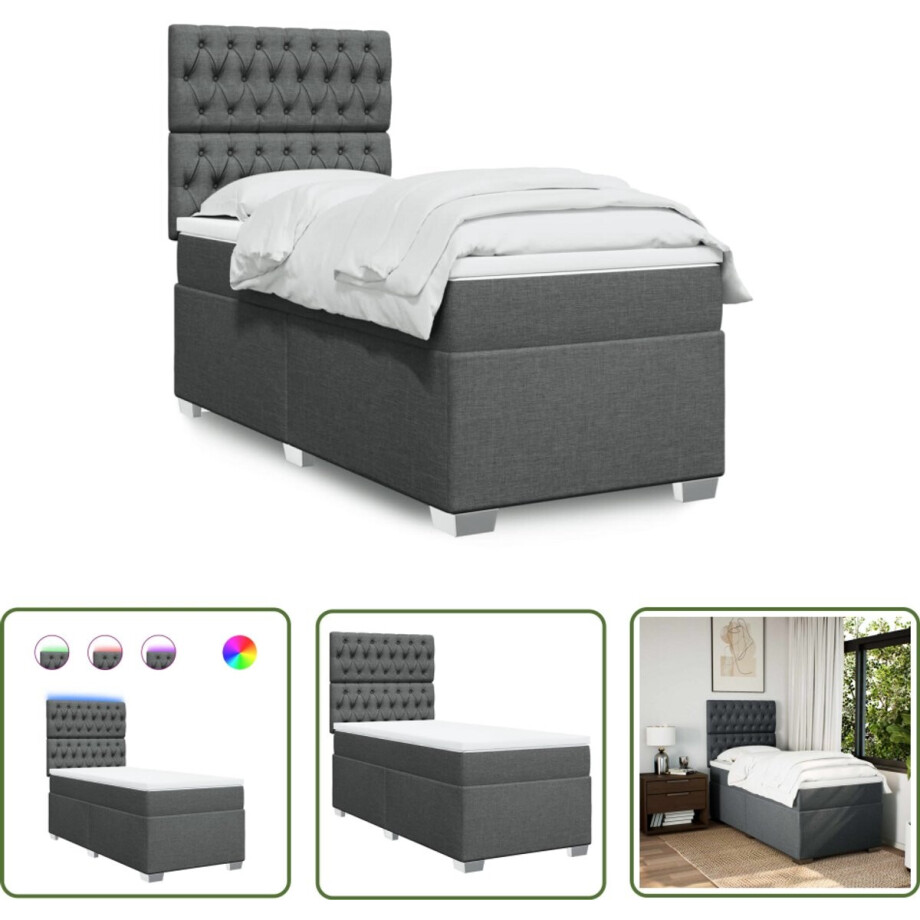 vidaXL Boxspringbed - Boxspring - Boxspring met matras stof donkergrijs 90x200 cm - Slaapcomfort - Led Verlichting - Pockethveringmatras afbeelding 1