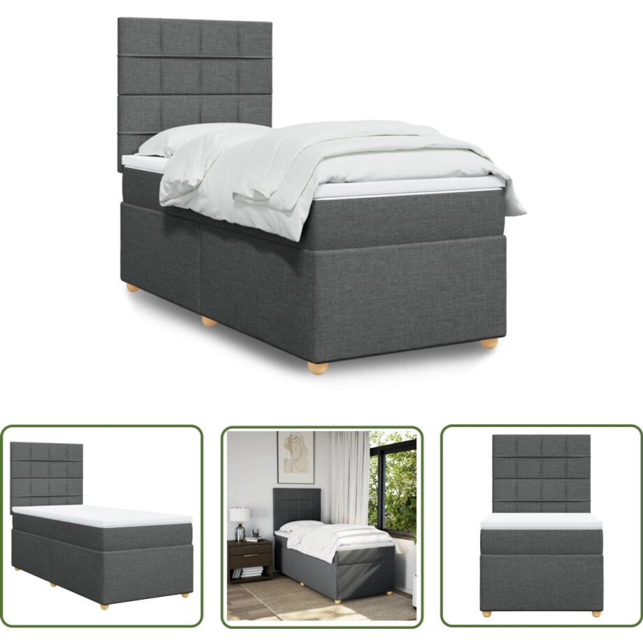 vidaXL Matras - Boxspring - Boxspring met matras stof donkergrijs 100x200 cm - Bed Frame - Pocketvering - Hoofdbord afbeelding 1