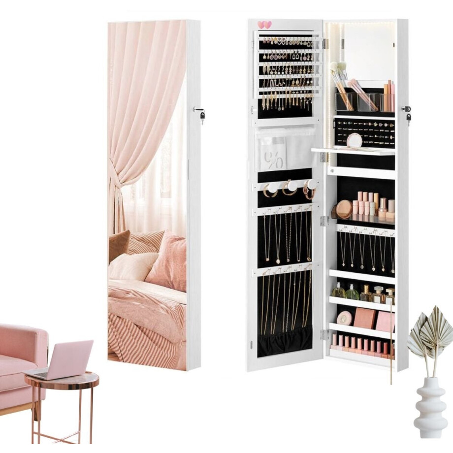 Signature Home Sieradenkast - Spiegelkast extra lang - wandSpiegelkast met Spiegel 140 cm hoog - met verlichte binnenspiegel - spiegelkast voor wand- of deurmontage - afsluitbaar - wit Signature Home Sieradenkast - Spiegelkast extra lang - wandSpiegelkast met Spiegel 140 cm hoog - met verlichte binnenspiegel - spiegelkast voor wand- of deurmontage - afsluitbaar - wit afbeelding 1