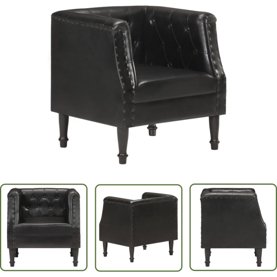 vidaXL Lederen Fauteuil - Retro Fauteuil - Fauteuil echt leer zwart - Mangohouten Fauteuil - Zwarte Fauteuil - Lounge Stoel afbeelding 1