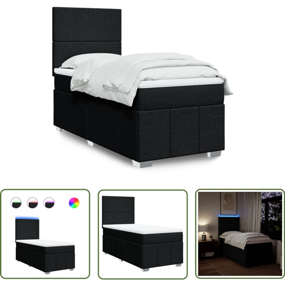 vidaXL Slaapcomfort - Boxspring - Boxspring met matras stof zwart 100x200 cm - Matras - Led Verlichting - Hoofdbord vidaXL Slaapcomfort - Boxspring - Boxspring met matras stof zwart 100x200 cm - Matras - Led Verlichting - Hoofdbord afbeelding 1