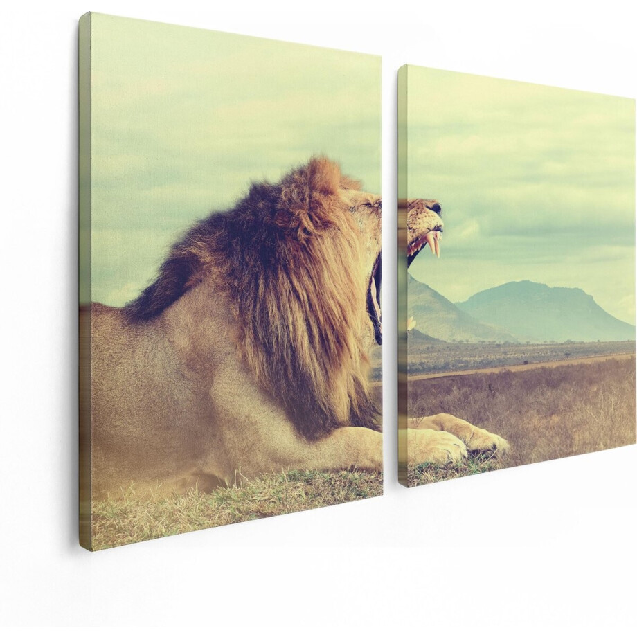 Artaza Canvas Schilderij Tweeluik Brullende Leeuw - 120x80 - Foto Op Canvas - Canvas Print afbeelding 1