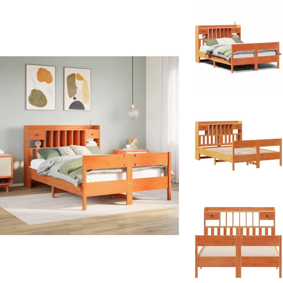 vidaXL Boekenkastbed - Boekenkastbedden - Bed - Tweepersoonsbed - Bed met boekenkast zonder matras grenenhout wasbruin 160x200 cm afbeelding 1