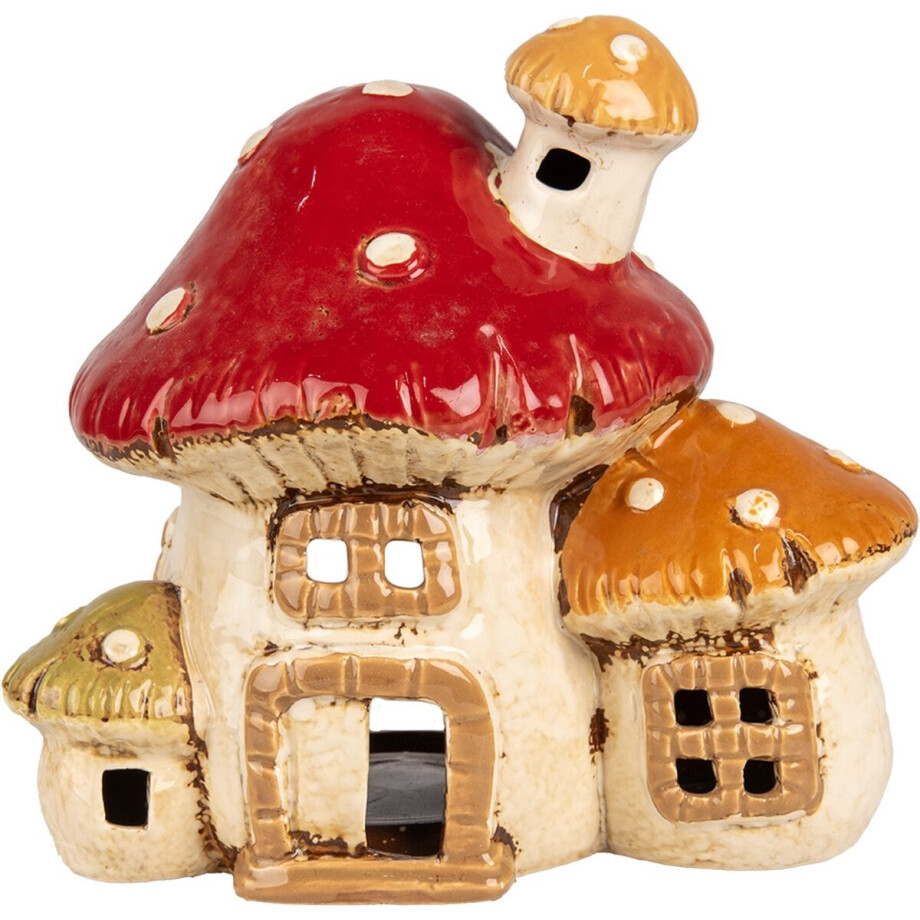 Clayre & Eef Waxinelichthouder Paddenstoel 17x12x16 cm Beige Rood Keramiek Herfst decoratie afbeelding 1