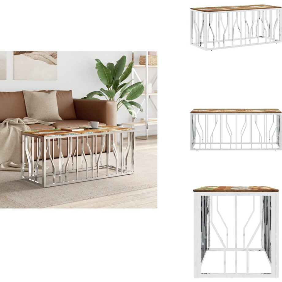 vidaXL Salontafel - Salontafels - Bijzettafel - Banktafel - Salontafel roestvrij staal en massief gerecycled hout zilver afbeelding 1