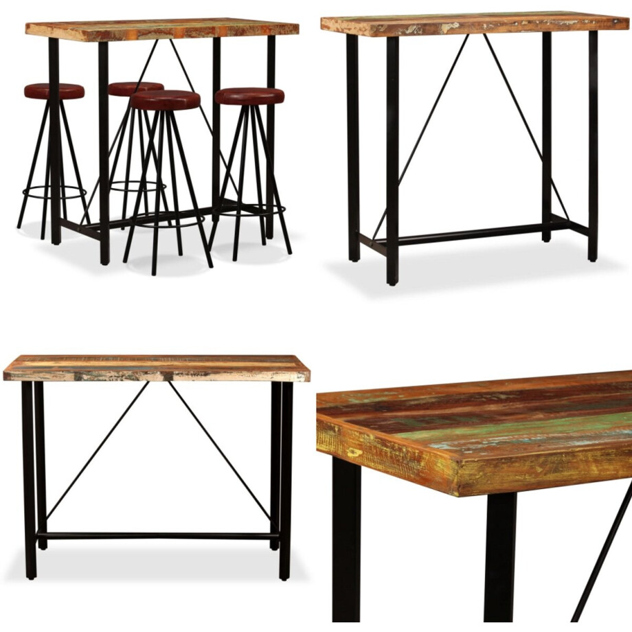 vidaXL Barset massief gerecycled hout en echt leer 5-delig - Bar Set - Bar Sets - Bar Tafel En Kruk - Bar Tafels En Krukken afbeelding 1